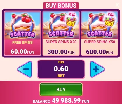 Kaufmenü von Candy Palace 1000 mit den drei Preisstufen der Bonusrunde