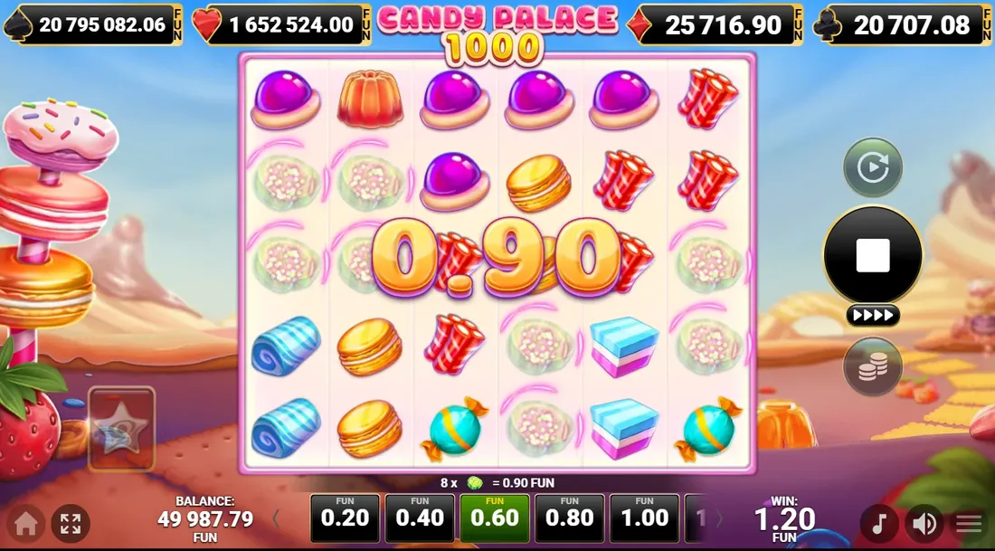 Kaskadengewinn in Candy Palace 1000 mit acht gleichen Symbolen und 0,90 Auszahlung