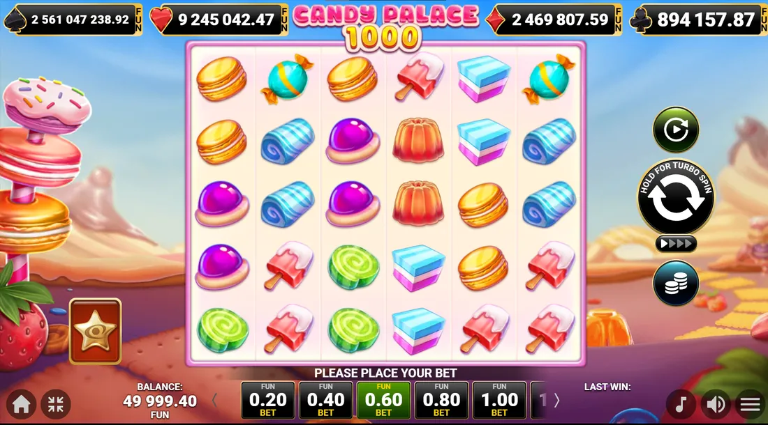 Ruhendes Raster von Candy Palace 1000 mit dem vollständigen Bonbon-Symbolsatz