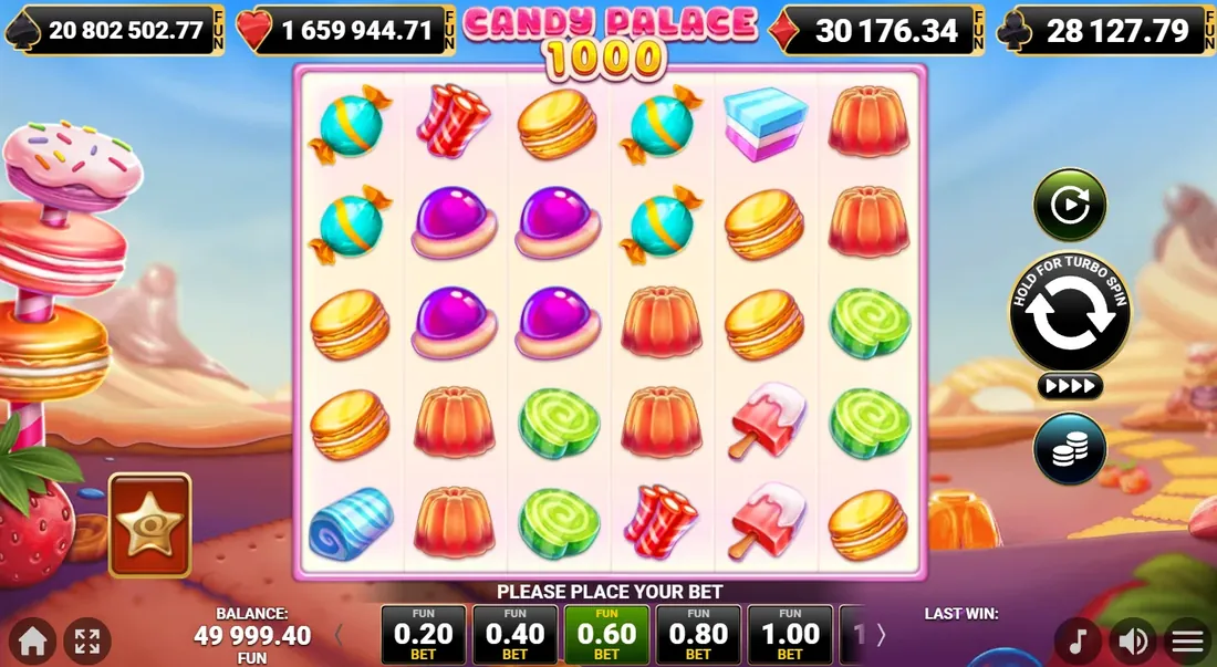 Vier Jackpot-Card-Zähler über dem Raster von Candy Palace 1000