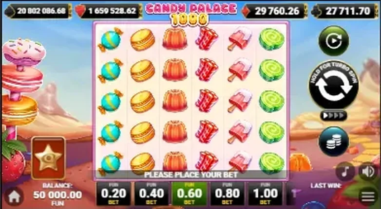 Candy Palace 1000 auf einem Smartphone mit vollständig sichtbarem 6x5 Raster