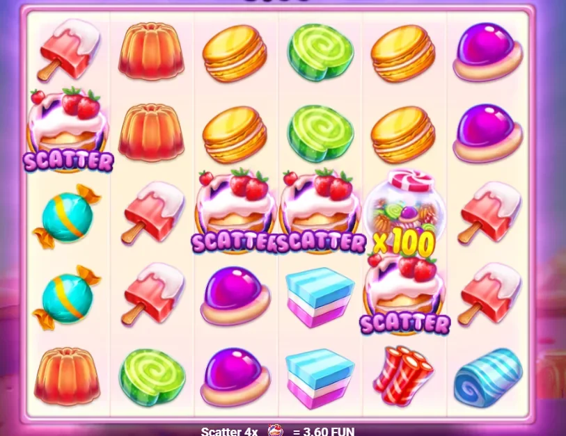 Vier Scatter-Törtchen und ein x100 Multiplikator auf dem Raster von Candy Palace 1000